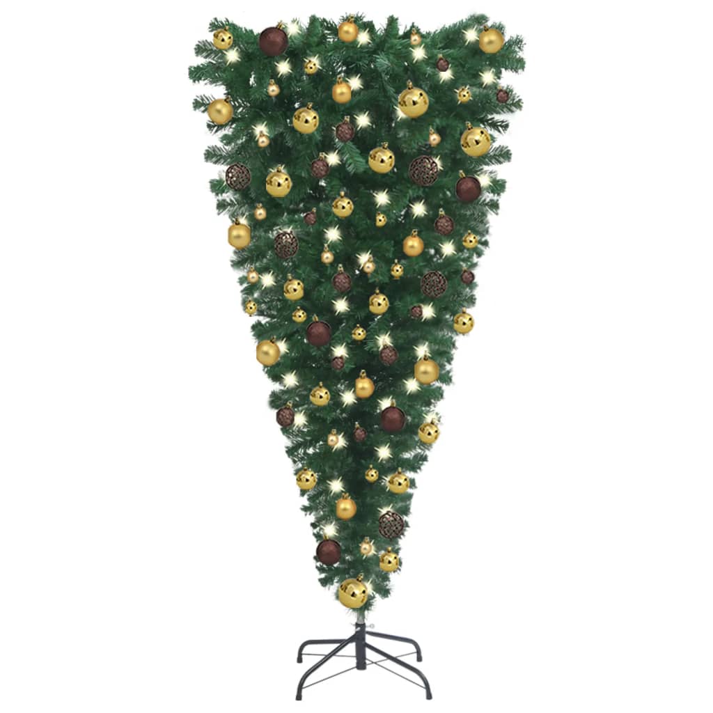 vidaXL Обърната изкуствена осветена коледна елха, с топки, 150 см