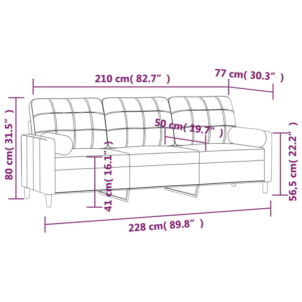 vidaXL 3-местен диван с възглавници, светлосив, 210 см, текстил