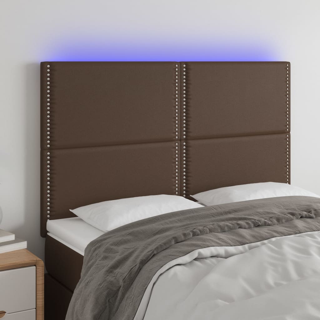 vidaXL LED горна табла за легло,кафява,144x5x118/128см,изкуствена кожа