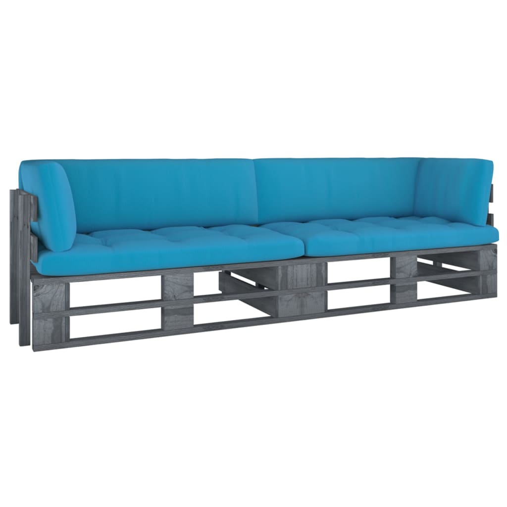 vidaXL 2-местен палетен диван с възглавници бор със сива импрегнация