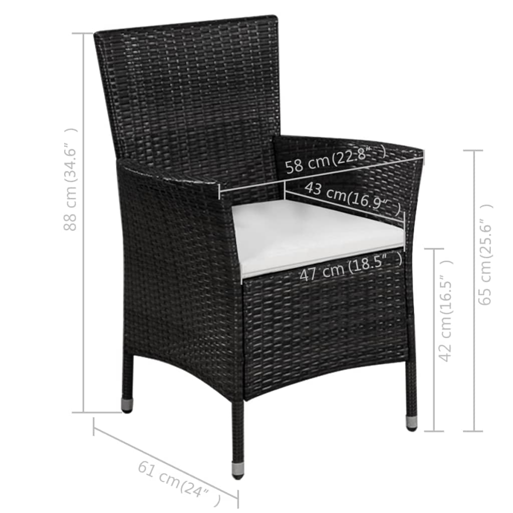 vidaXL Външен стол с табуретка и възглавници, полиратан, черни