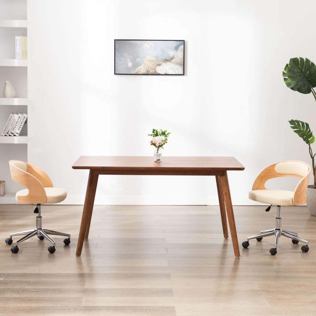 vidaXL Въртящ офис стол, кремав, извито дърво и изкуствена кожа