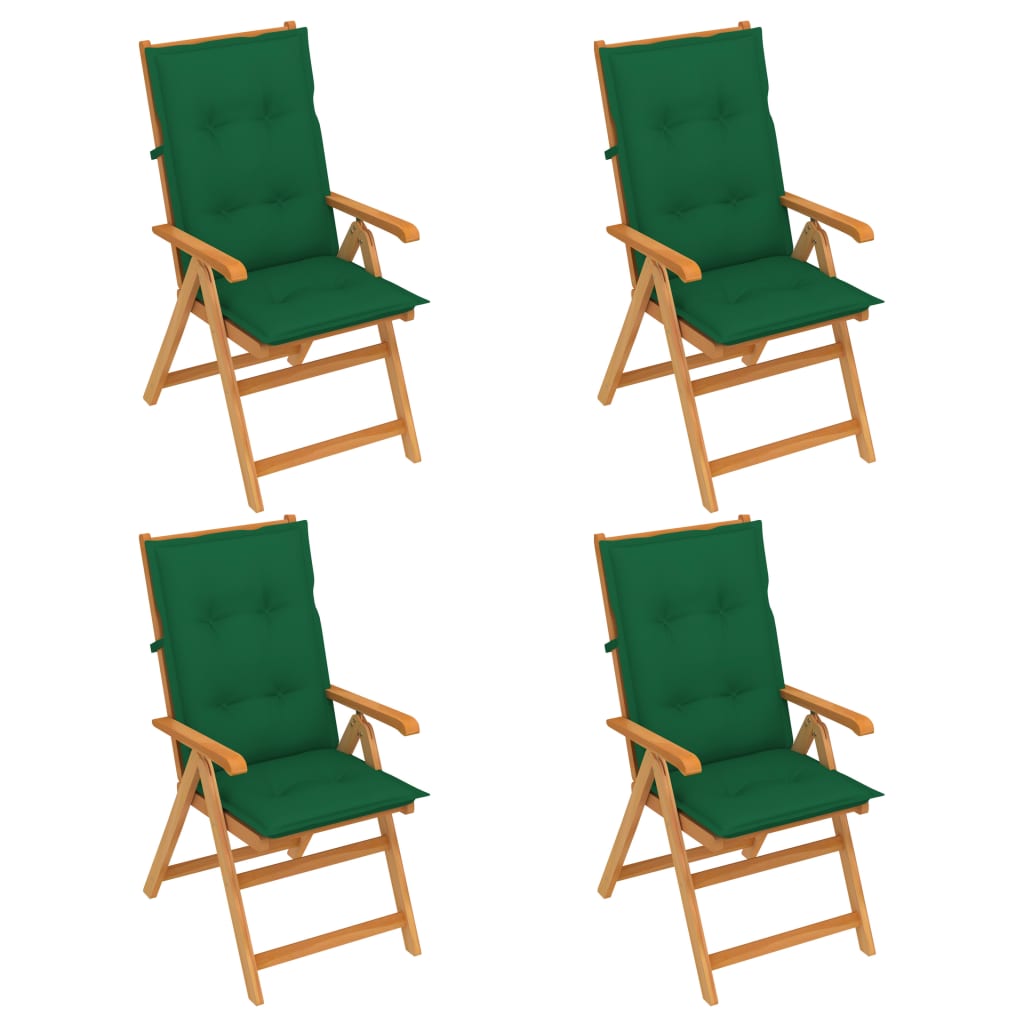 vidaXL Градински столове 4 бр зелени възглавници тиково дърво масив