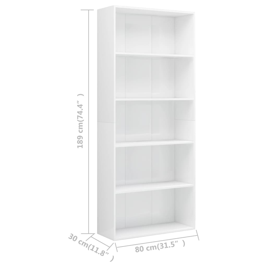 vidaXL 5-етажна библиотека, бял силен гланц, 80x30x189 см, ПДЧ