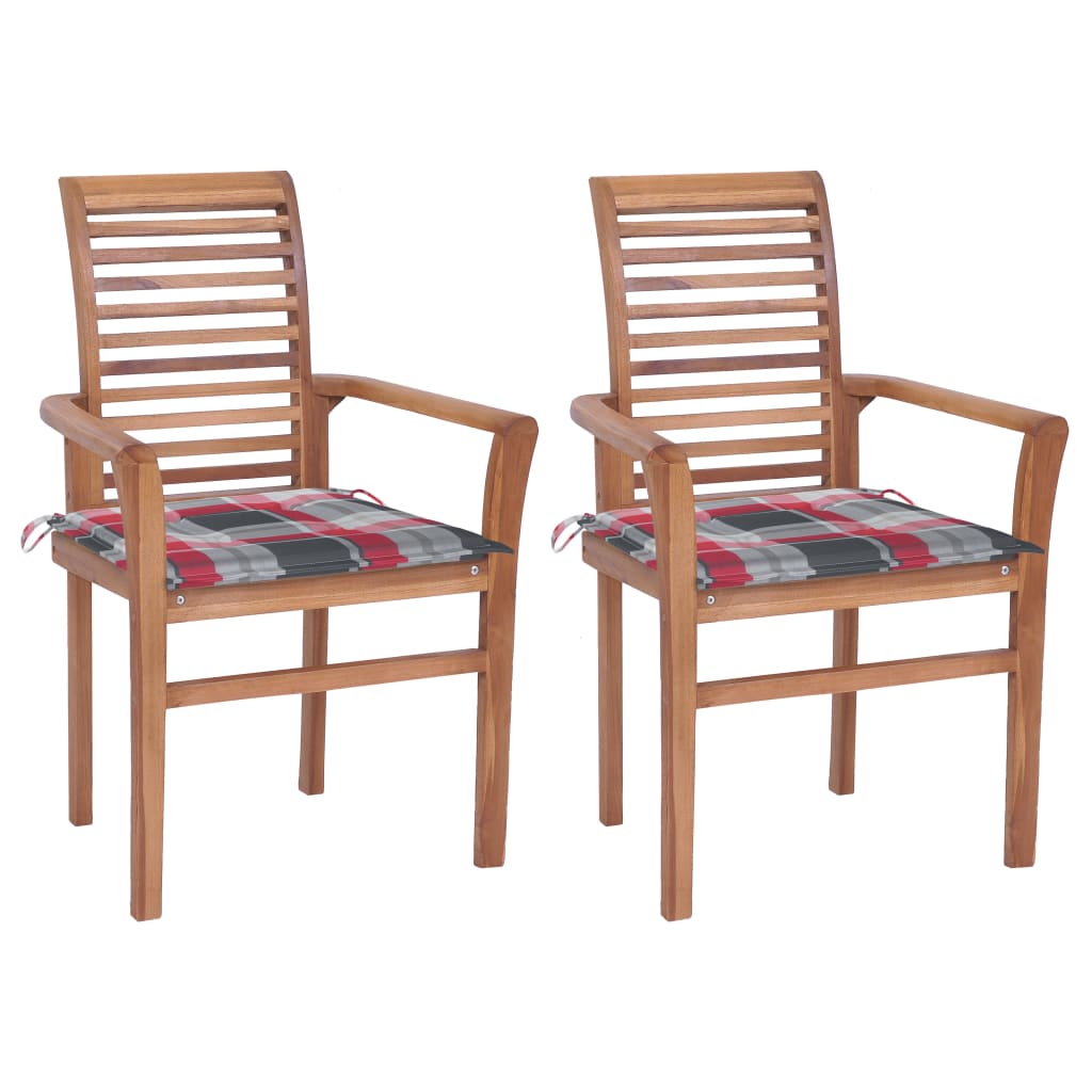 vidaXL Трапезни столове 2 бр възглавници на червено каре тик масив