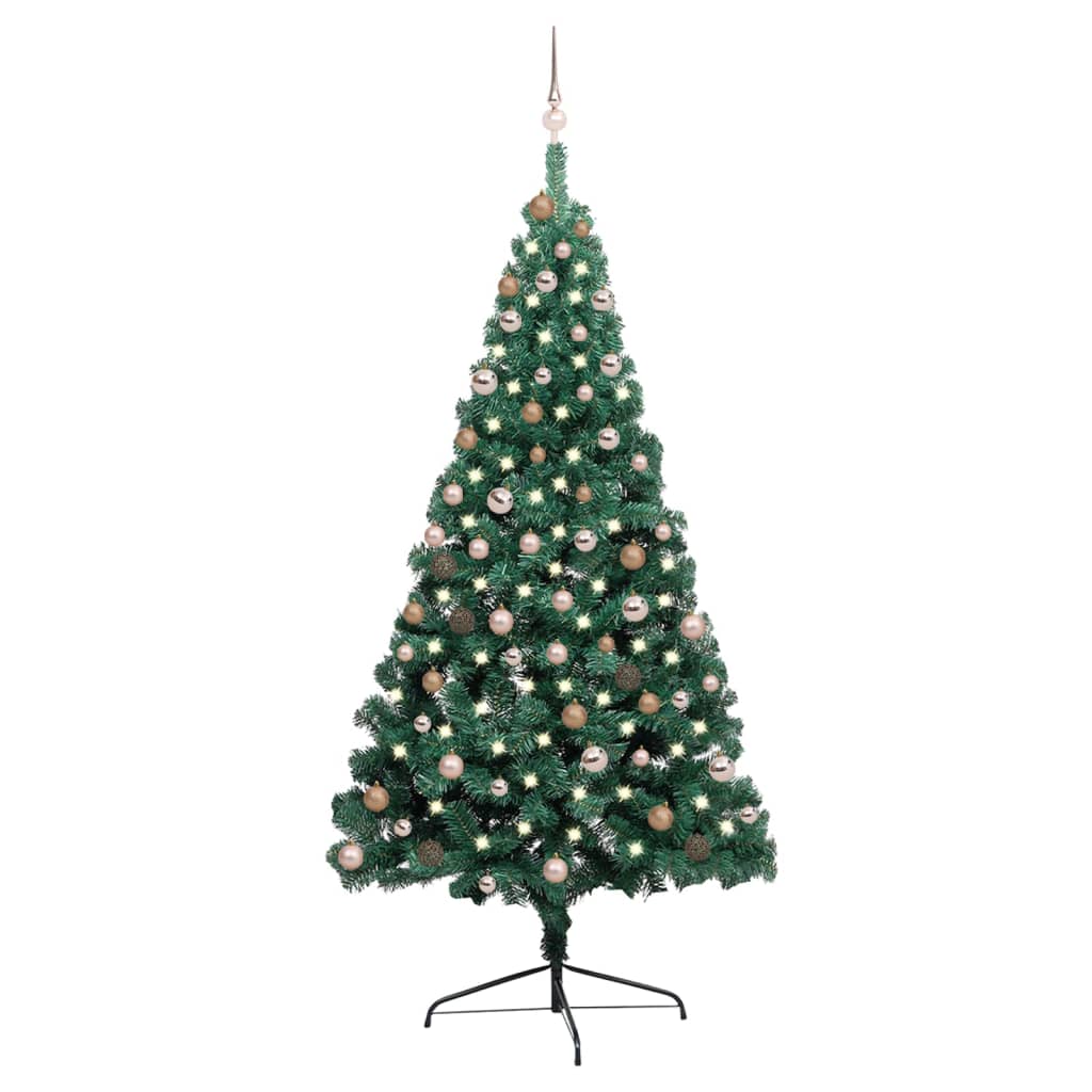 vidaXL Изкуствена светеща половин коледна елха с топки зелена 210 см
