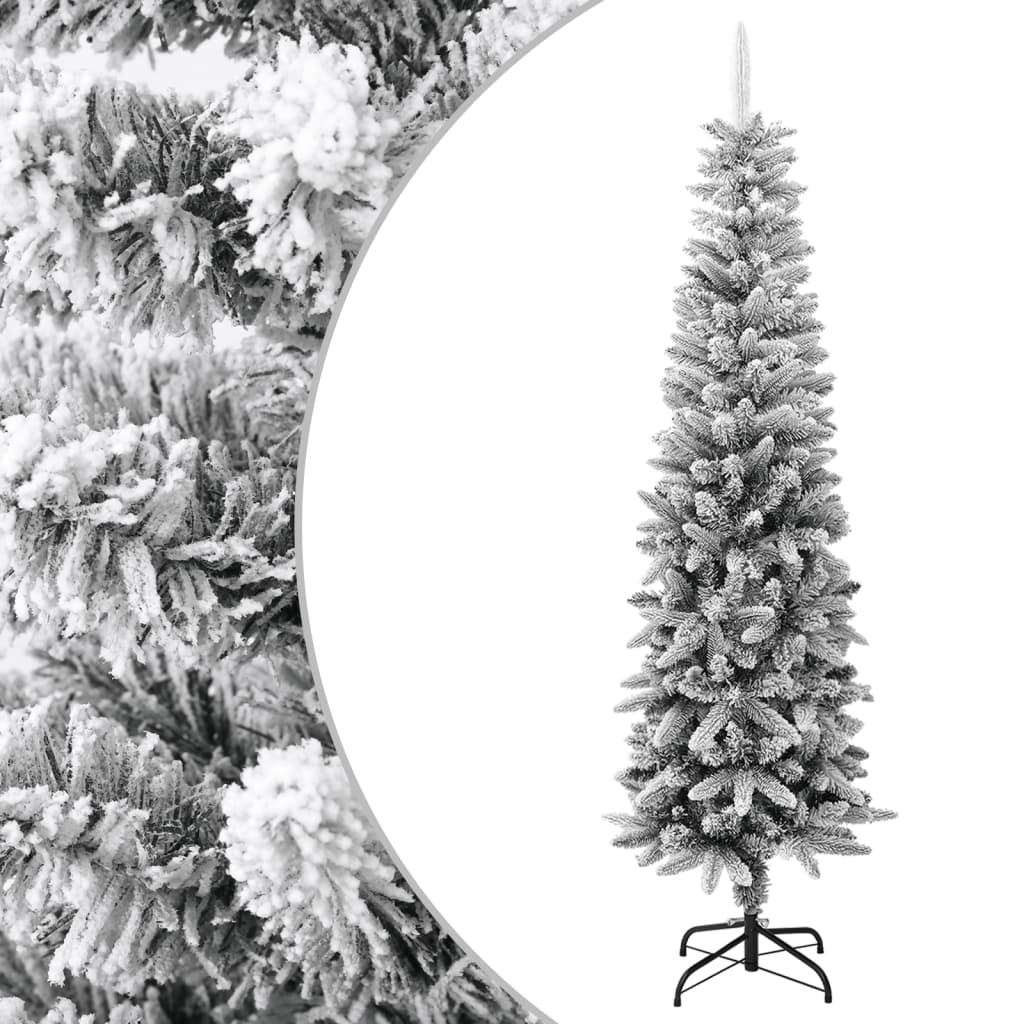 vidaXL Изкуствена тънка коледна елха с флокиран сняг, 210 см, PVC и PE