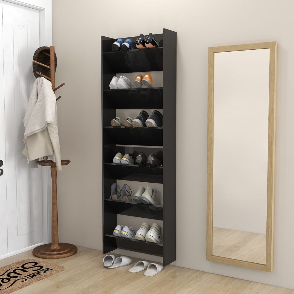 vidaXL Стенни шкафове за обувки, 2 бр, черен гланц, 60x18x90 см, ПДЧ