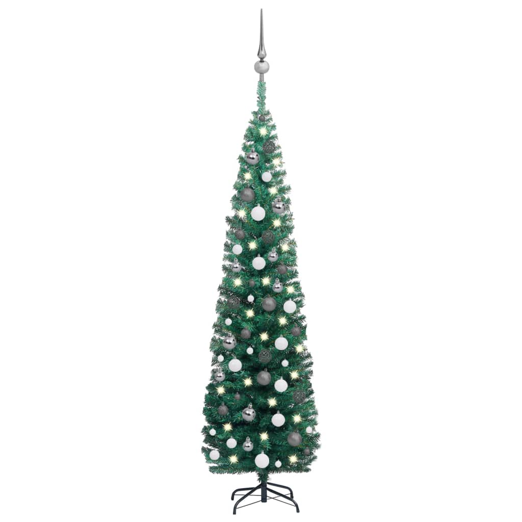 vidaXL Тънка изкуствена осветена коледна елха с топки, зелена, 180 см
