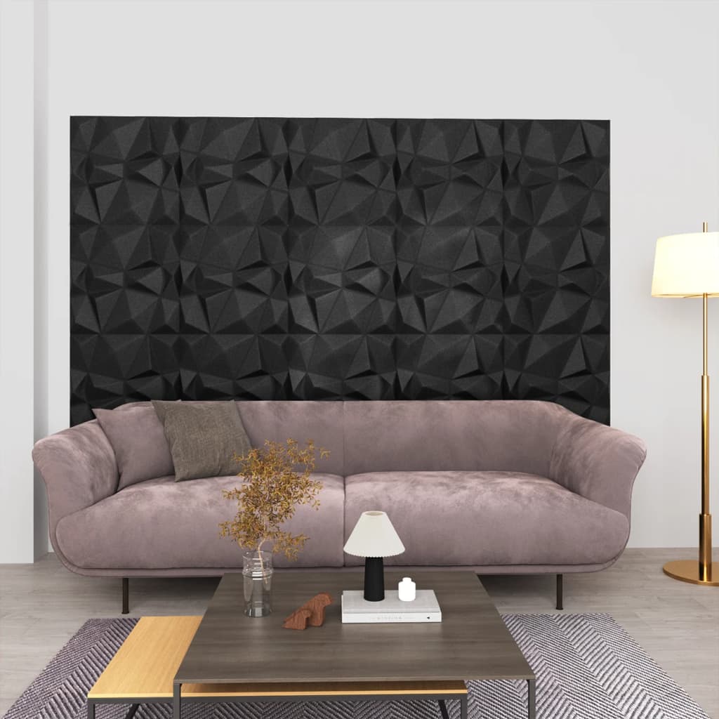 vidaXL 3D стенни панели, 12 бр, 50x50 см, диамантено черно, 3 м²