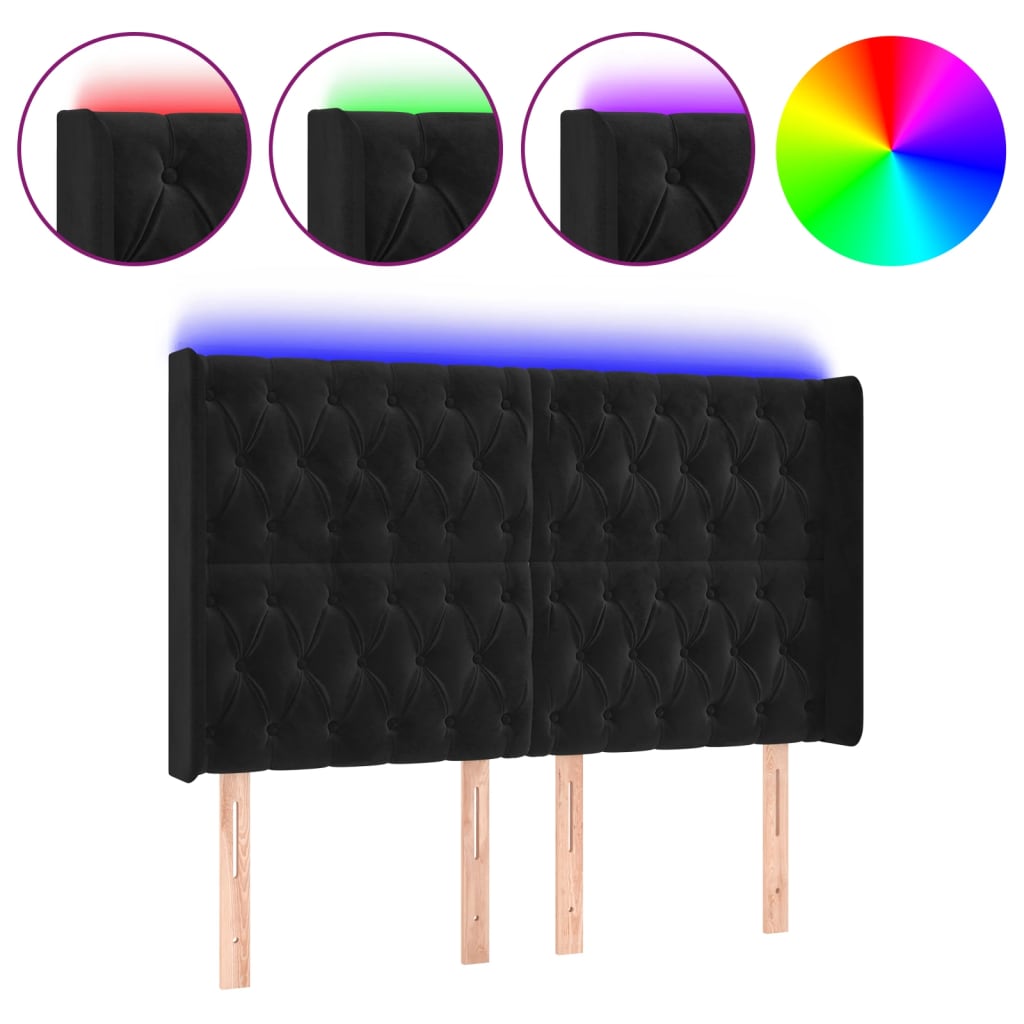 vidaXL LED горна табла за легло, черна, 163x16x118/128 см, кадифе