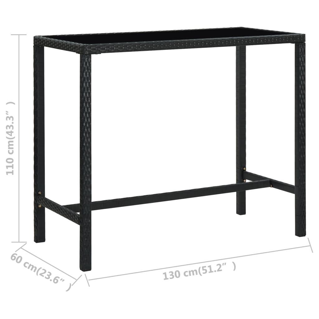 vidaXL Градинска бар маса, черна, 130x60x110 см, полиратан и стъкло