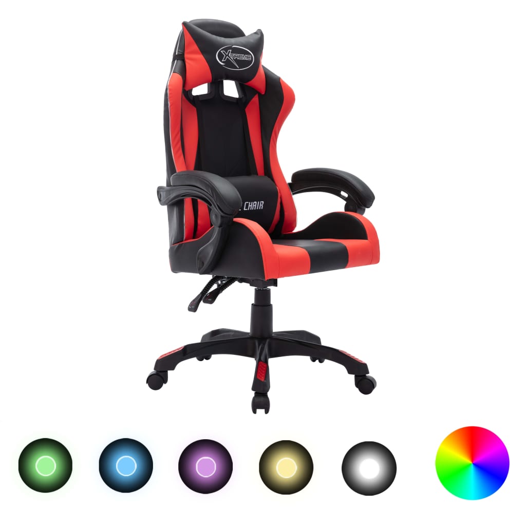 vidaXL Геймърски стол RGB LED осветление червено/черно изкуствена кожа