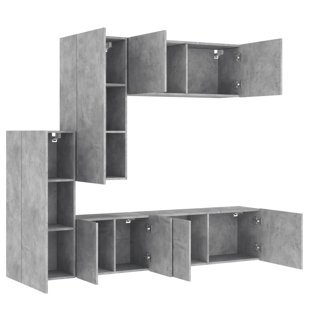 vidaXL ТВ стенни модули, 5 части, бетонно сиви, инженерно дърво