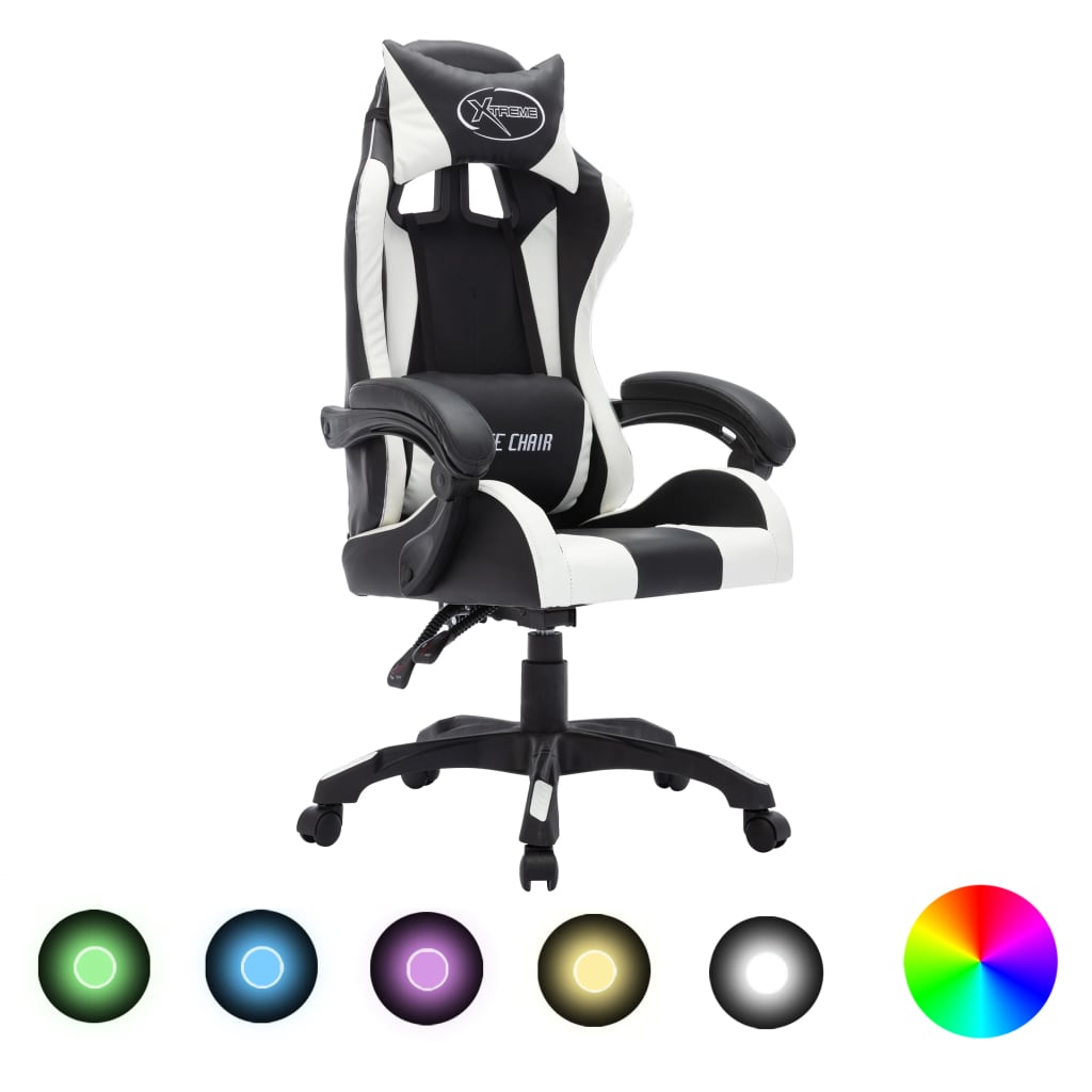 vidaXL Геймърски стол RGB LED осветление бяло/черно изкуствена кожа