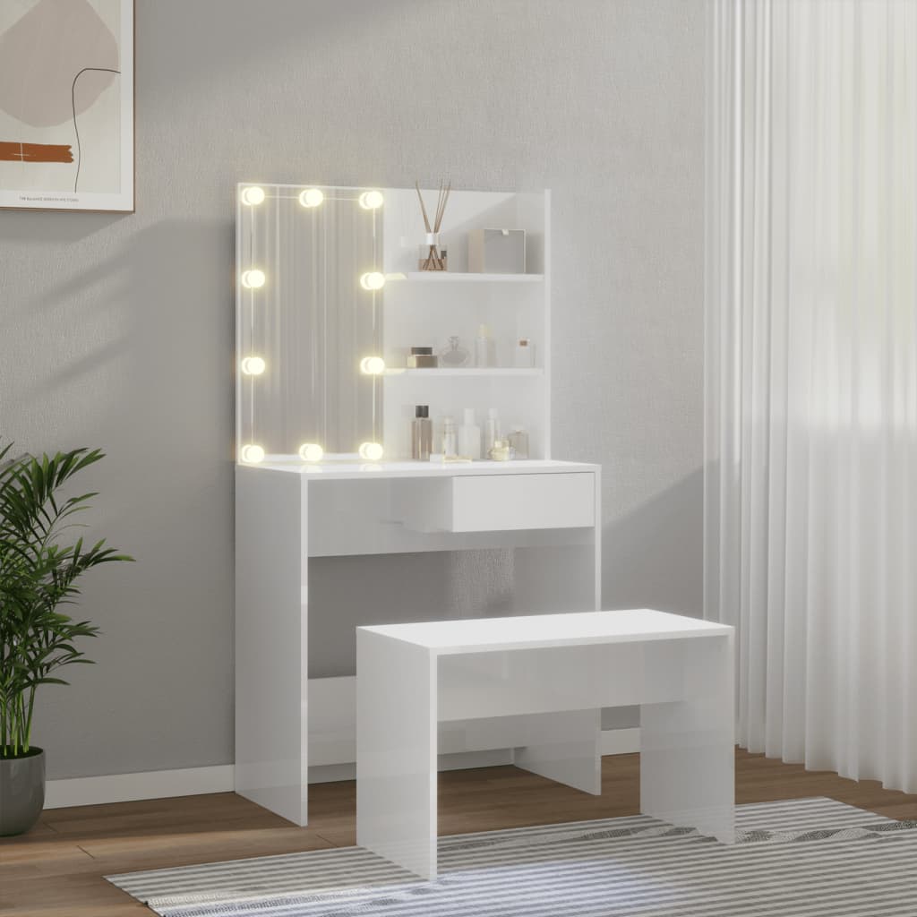 vidaXL Комплект тоалетка с LED, бял гланц, инженерно дърво