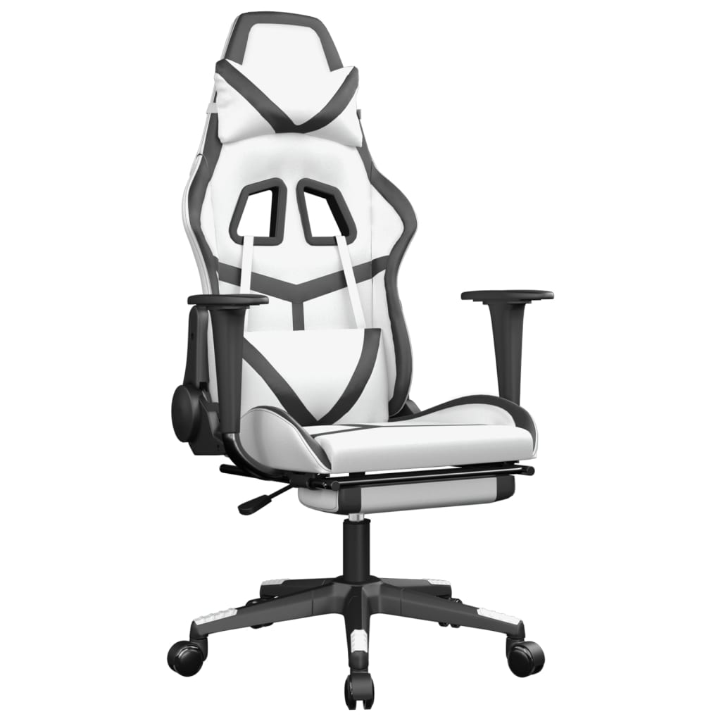 vidaXL Гейминг стол с опора за крака, бяло и черно, изкуствена кожа