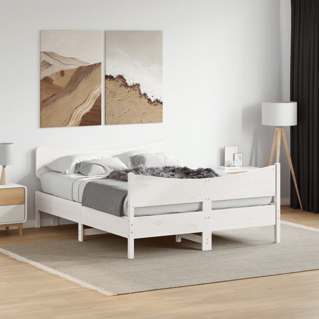 vidaXL Рамка за легло с табла, бяла, 135x190 см, борово дърво масив