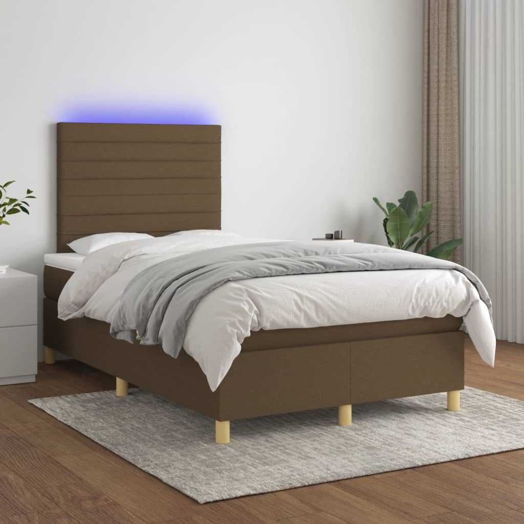 vidaXL Боксспринг легло с матрак и LED, тъмнокафяво, 120x190 см, плат