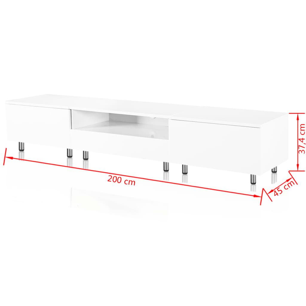 Бяла гланцирана стойка с LED 200 см за телевизор с плосък екран