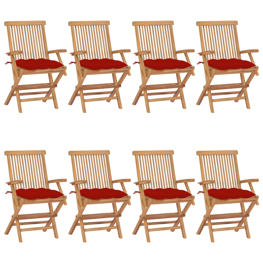 vidaXL Градински столове с червени възглавници 8 бр тик масив