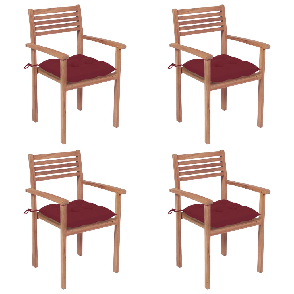 vidaXL Градински столове 4 бр с виненочервени възглавници тик масив