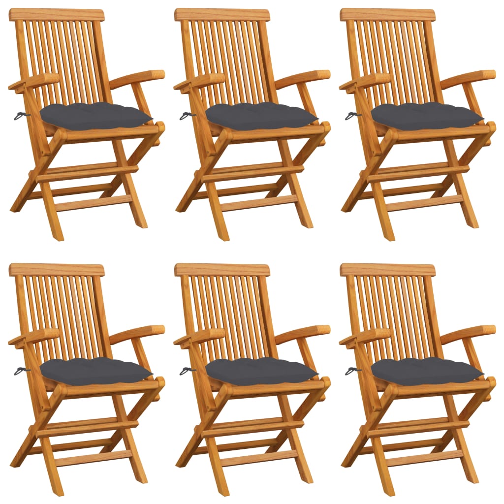 vidaXL Градински столове с възглавници антрацит 6 бр тик масив