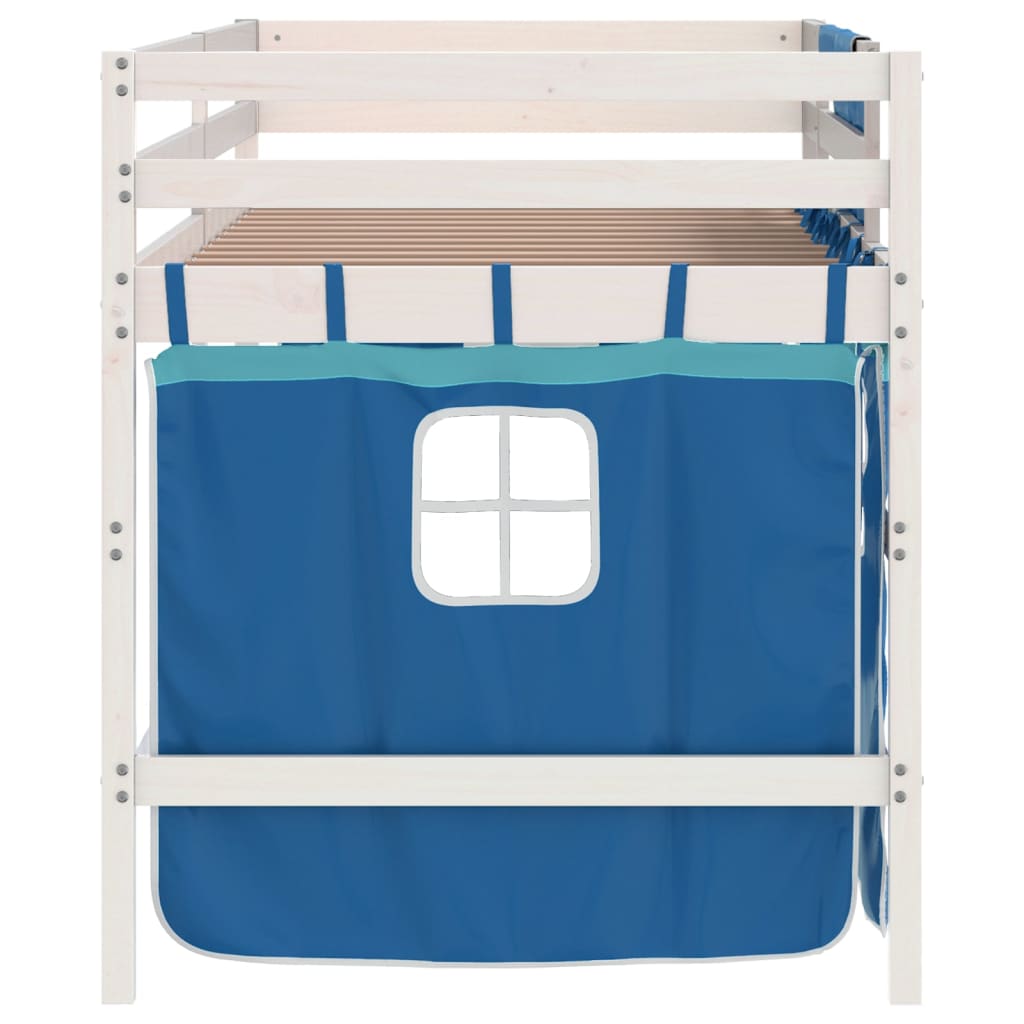 vidaXL Детско високо легло със завеси, синьо, 80x200 см, бор масив