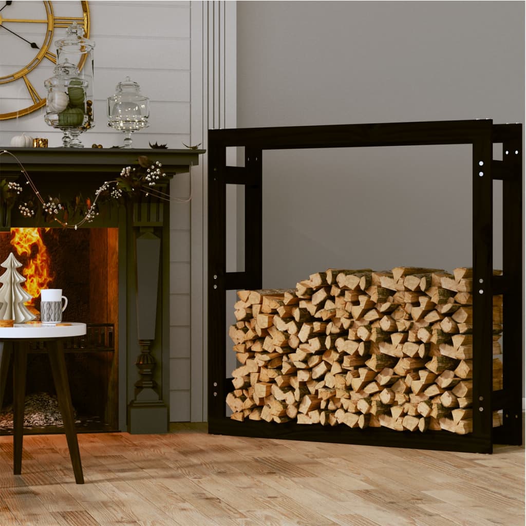 vidaXL Поставка за дърва за огрев черна 100x25x100см масивно дърво бор