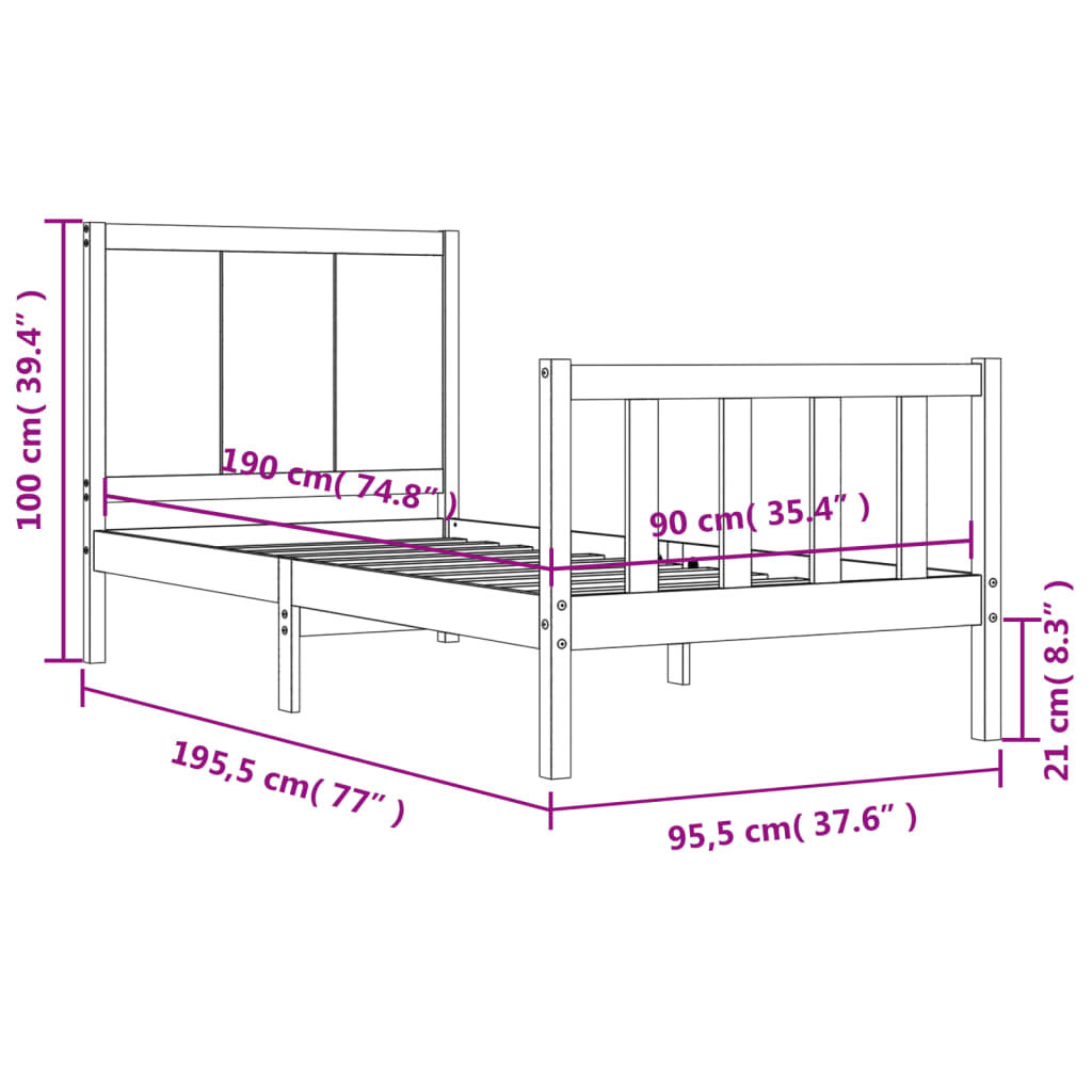 vidaXL Рамка за легло с табла сива Single масивна дървесина
