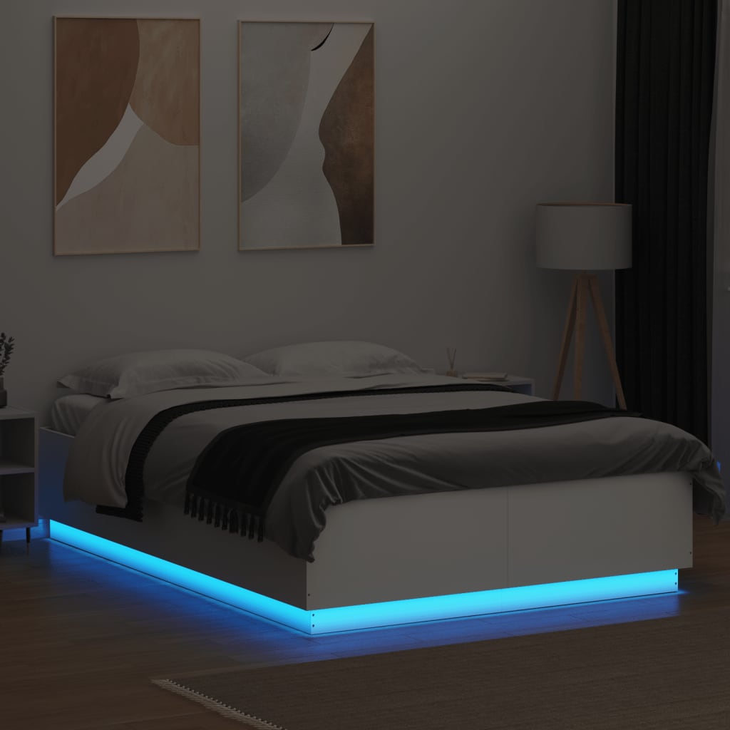 vidaXL Рамка за легло с LED осветление бяла 150x200 см инженерно дърво