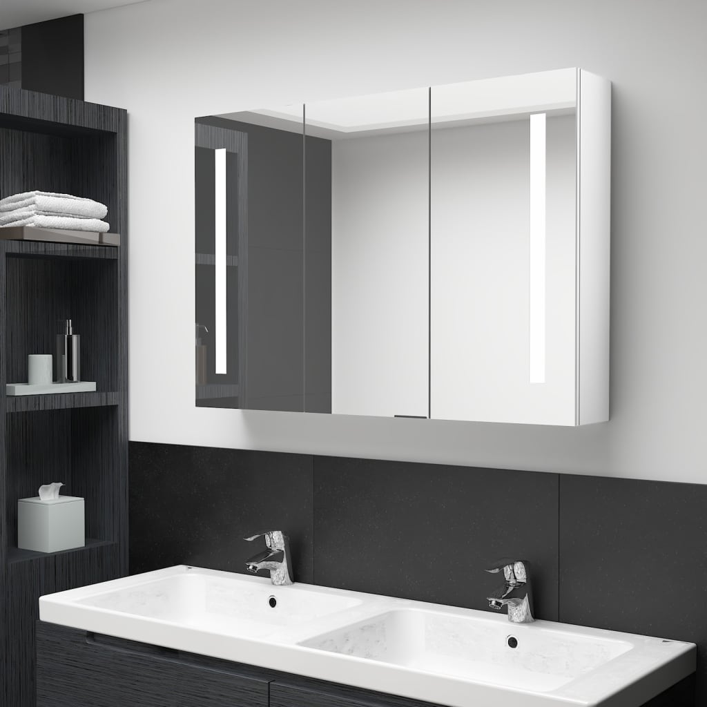 vidaXL LED шкаф с огледало за баня, 89x14x62 см, блестящо бял