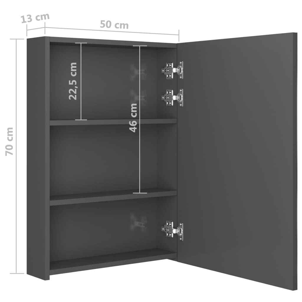 vidaXL LED шкаф с огледало за баня, сияйно сиво, 50x13x70 см