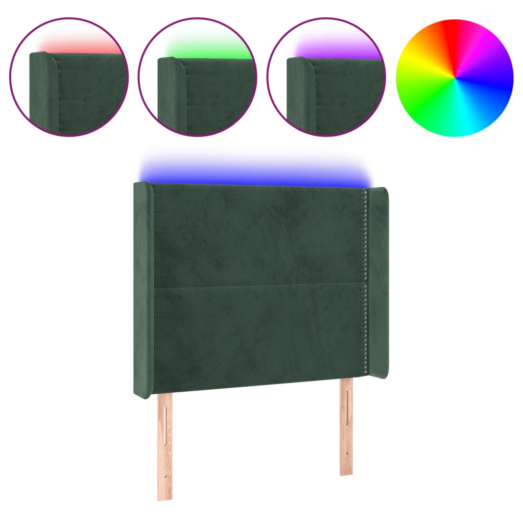 vidaXL LED горна табла за легло, тъмнозелена, 103x16x118/128см, кадифе