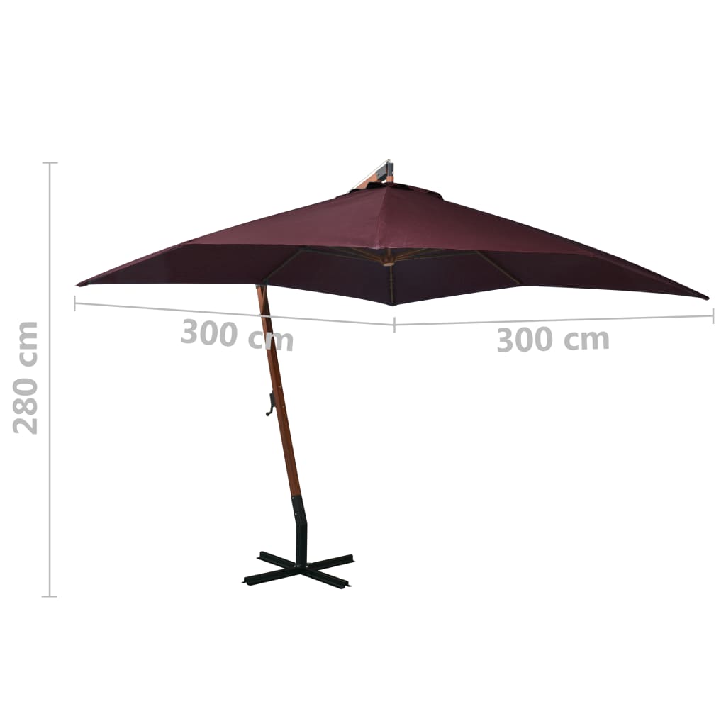 vidaXL Висящ чадър с прът, бордо червено, 3x3 м, чам масив