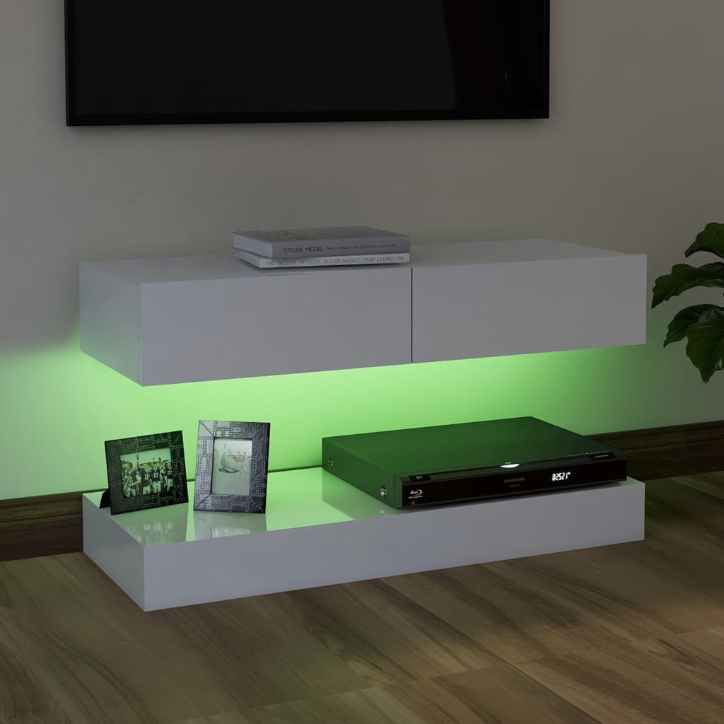 vidaXL ТВ шкаф с LED осветление, бял гланц, 90x35 см