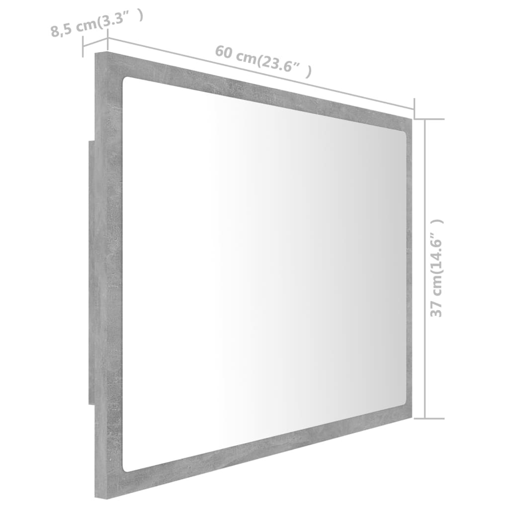 vidaXL LED огледало за баня, бетонно сиво, 60x8,5x37 см, акрил