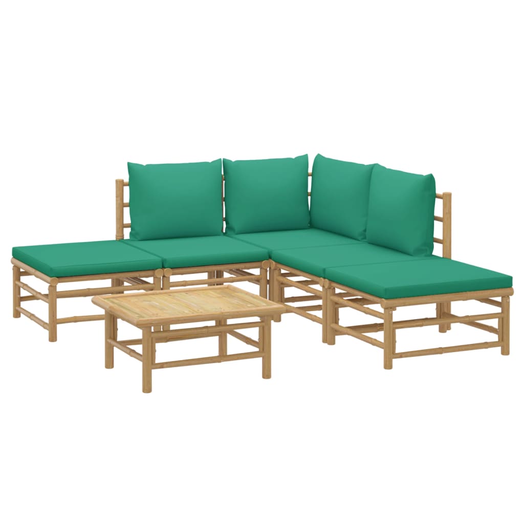 vidaXL Градински лаундж комплект, 6 части, зелени възглавници, бамбук