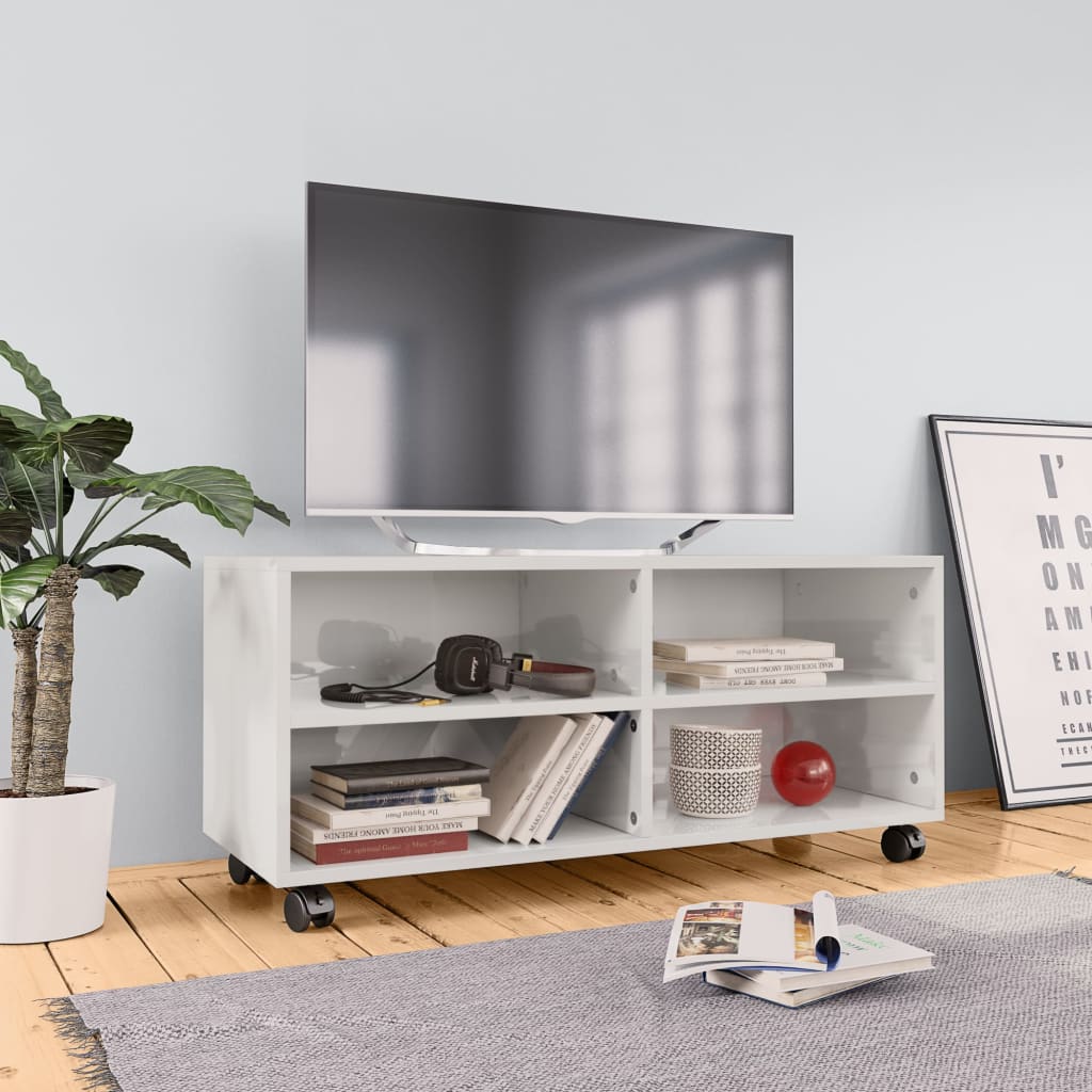 vidaXL ТВ шкаф с колелца, бяло със силен гланц, 90x35x35 см, ПДЧ
