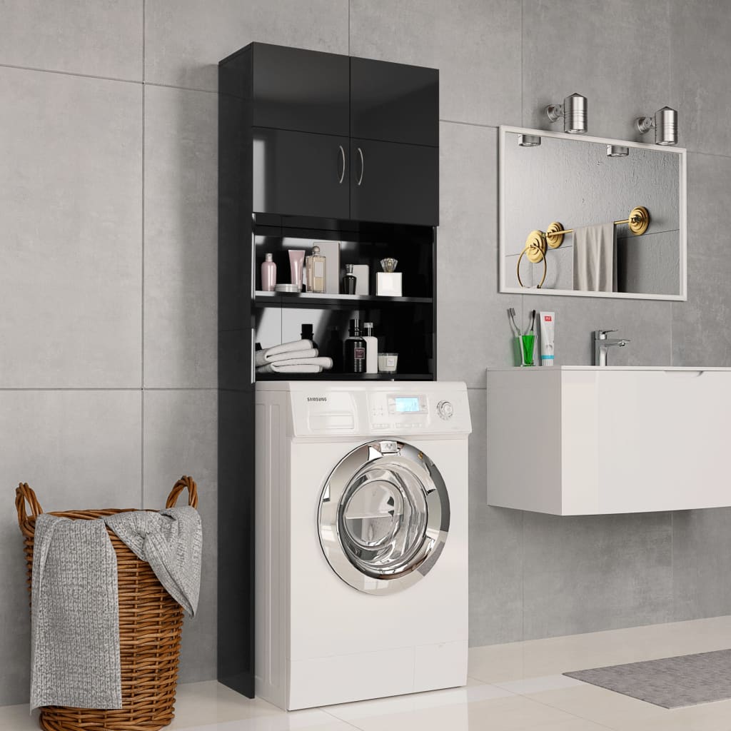 vidaXL Шкаф за пералня, черно със силен гланц, 64x25,5x190 см