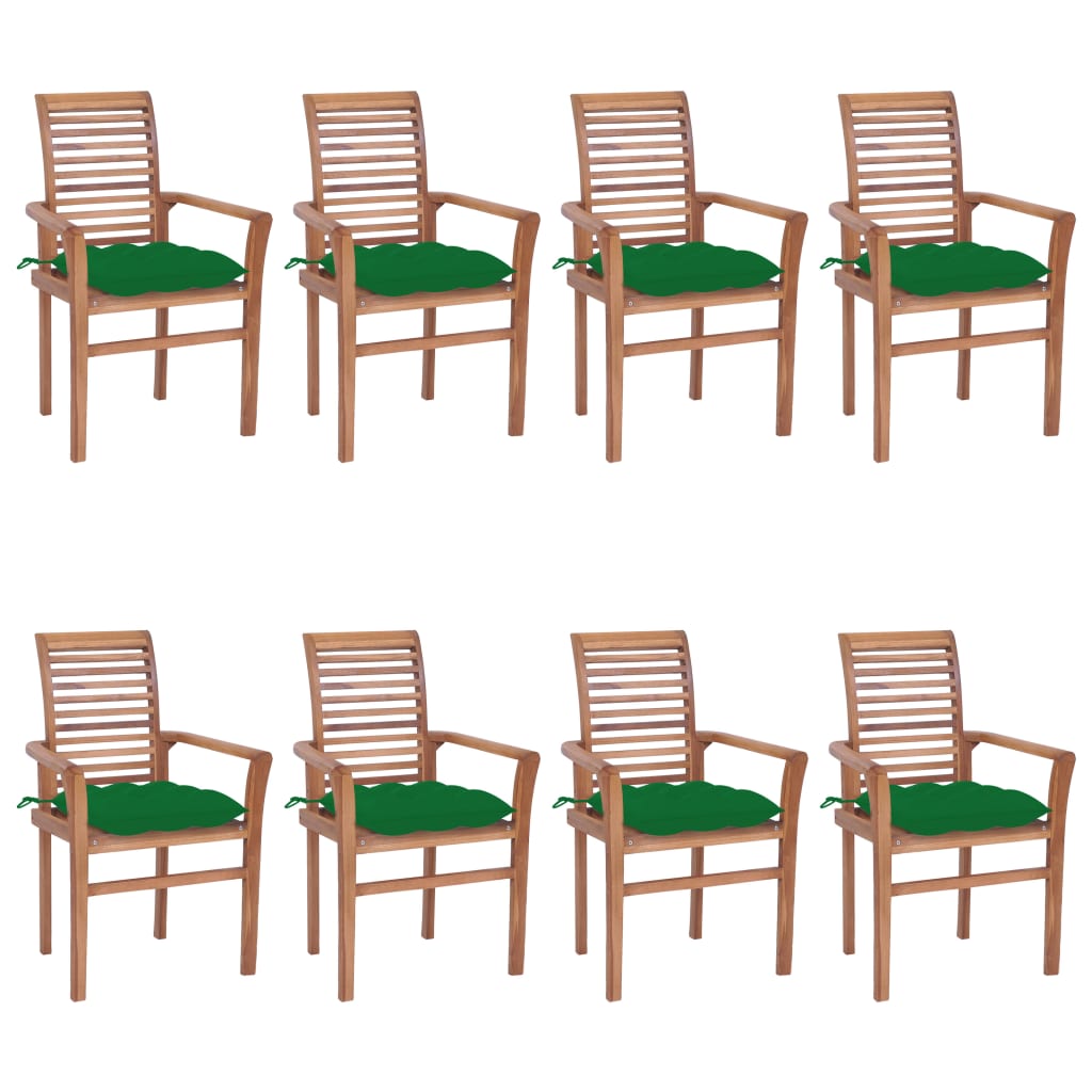 vidaXL Трапезни столове, 8 бр, със зелени възглавници, тик масив