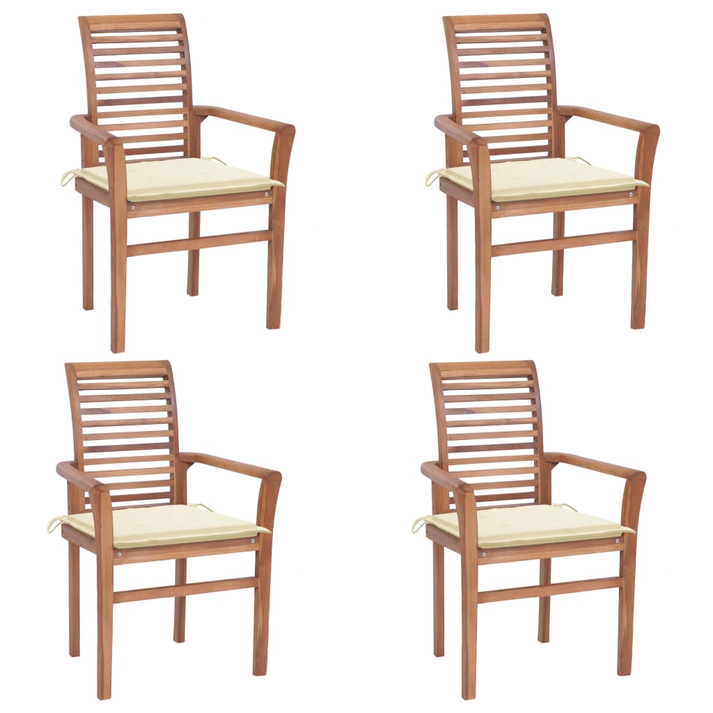 vidaXL Трапезни столове, 4 бр, с кремави възглавници, тик масив