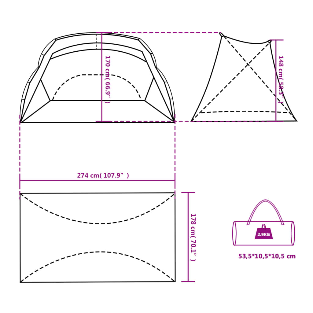 vidaXL Плажна палатка сива 274x178x170/148 см 185T тафта