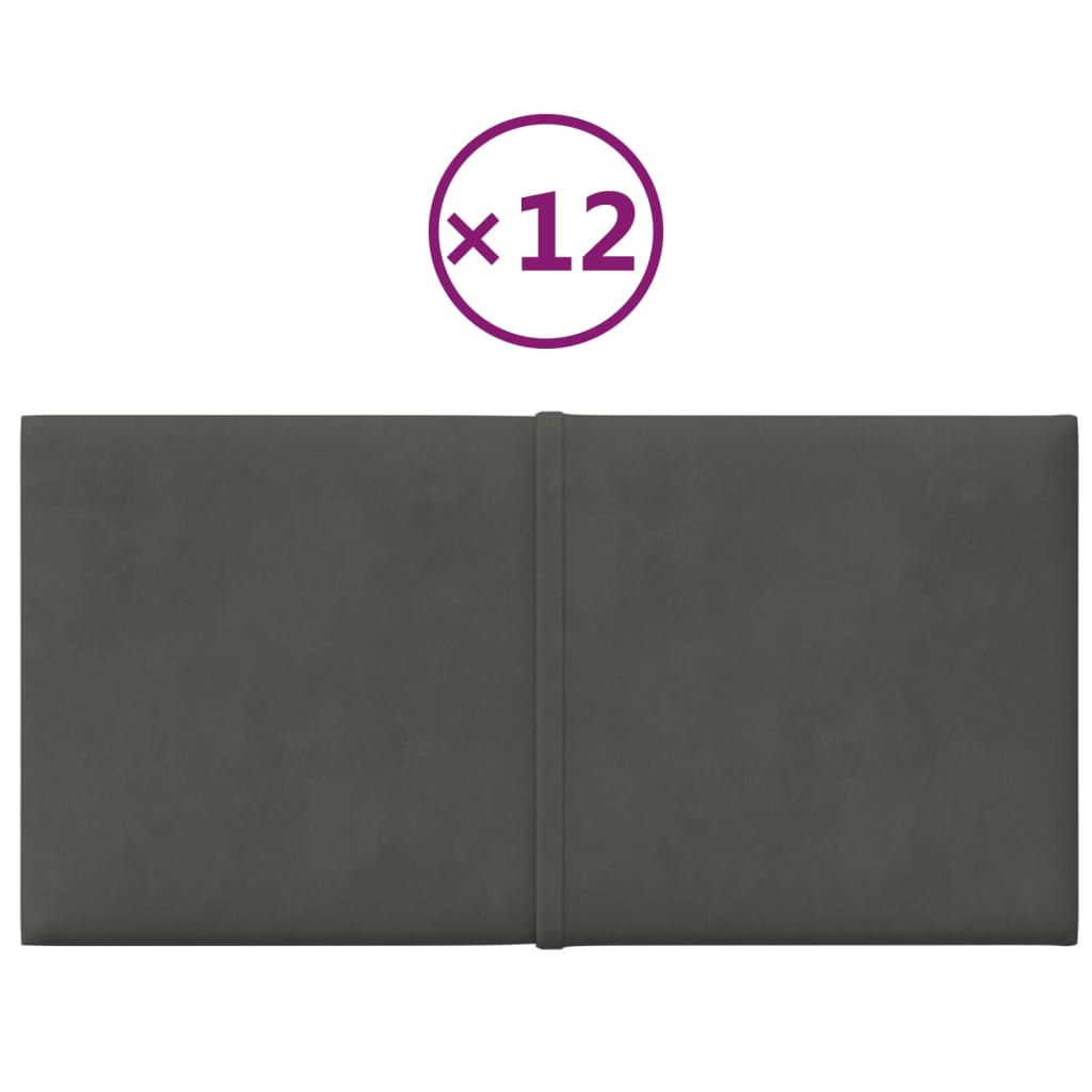 vidaXL Стенни панели, 12 бр, тъмносиви, 30x15 см, кадифе, 0,54 м²