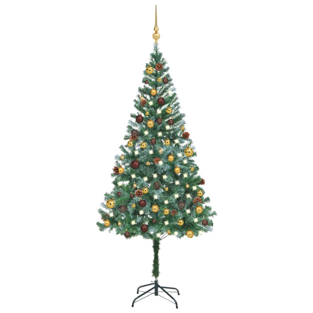 vidaXL Изкуствена осветена коледна елха с топки и шишарки 180 см