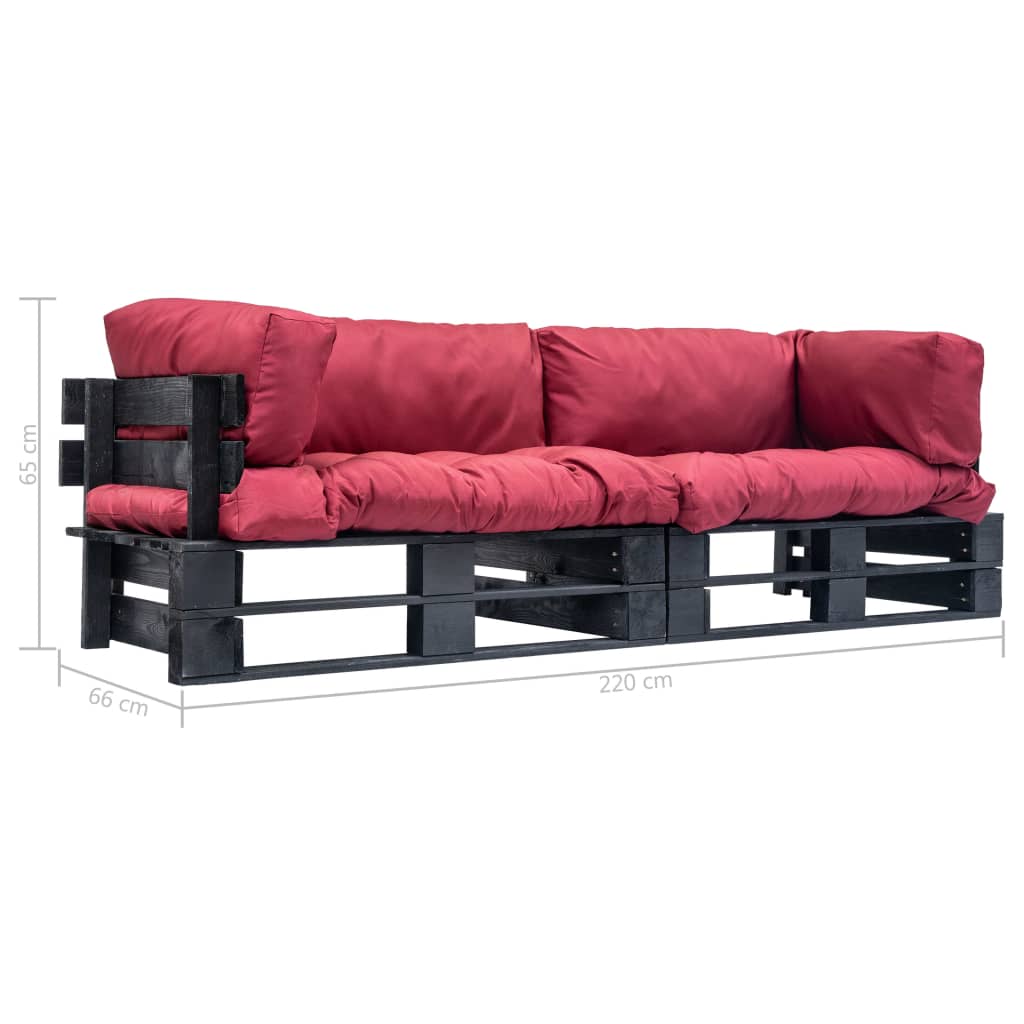 vidaXL Градински диван от 2 части с червени възглавници бор
