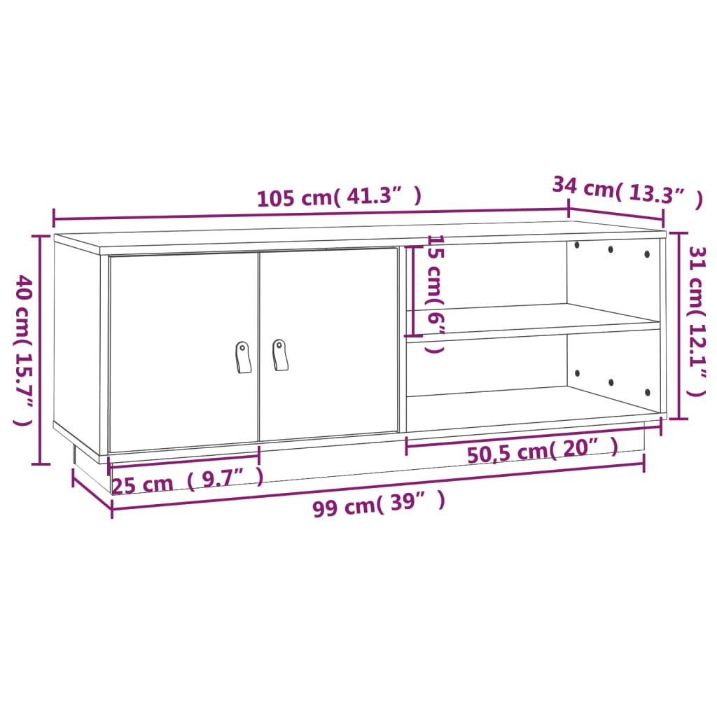 vidaXL ТВ шкаф, бял, 105x34x40 см, бор масив