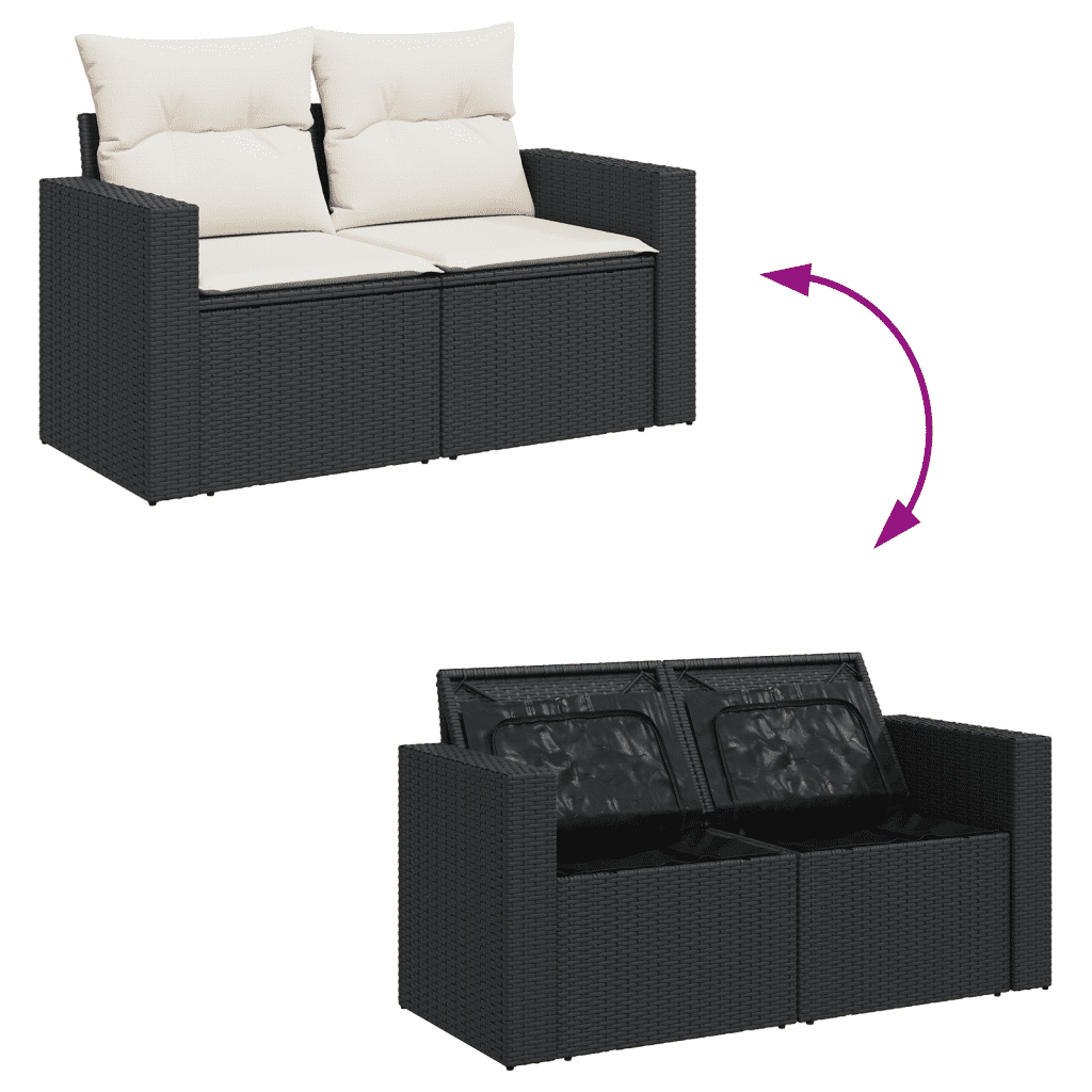 vidaXL Градински диван с възглавници, 12 части, черен, полиратан