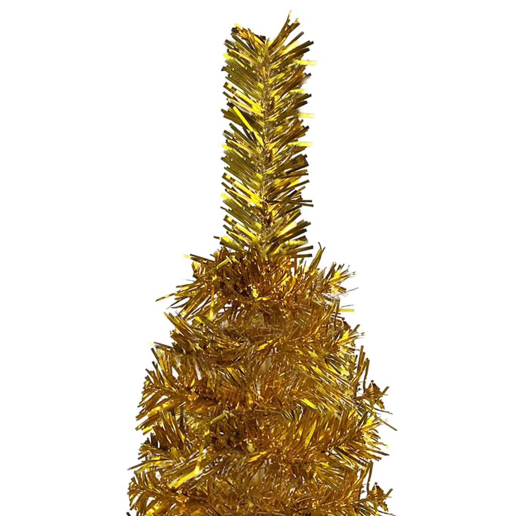 vidaXL Тънка готова осветена коледна елха с топки, златиста, 210 см