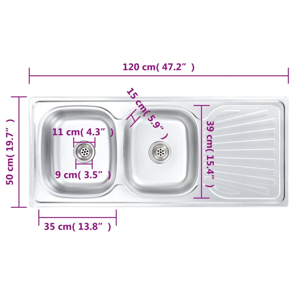 vidaXL Кухненска мивка двойно корито цедка и сифон неръждаема стомана